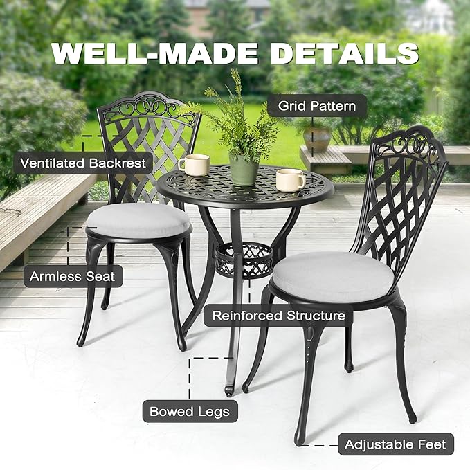 NUU GARDEN 3-Piece Patio Bistro Set Outdoor Cast Aluminum Bistro Table and - Image 3