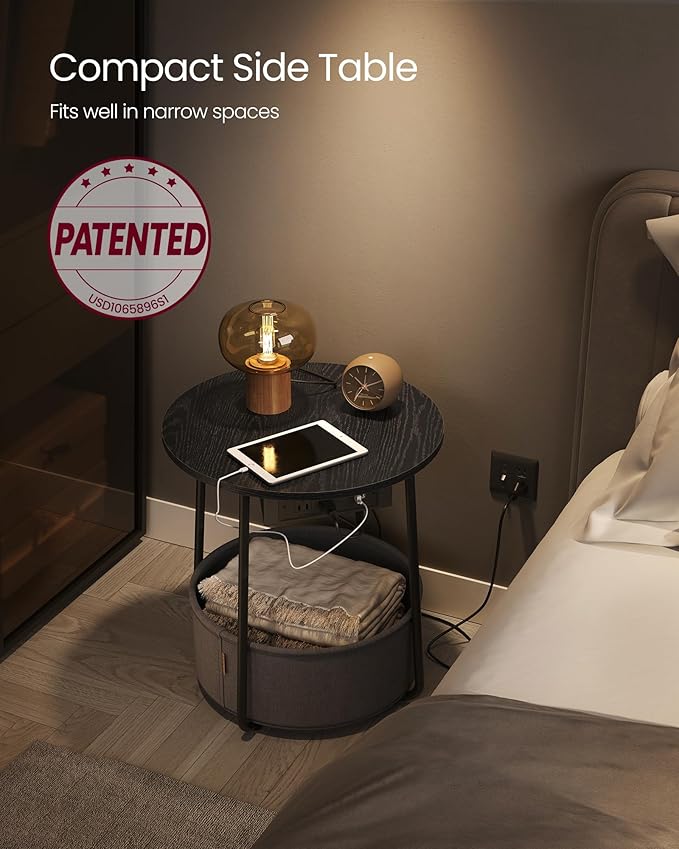VASAGLE Side Table with Charging Station, Round End Table with Fabric Basket - Image 3