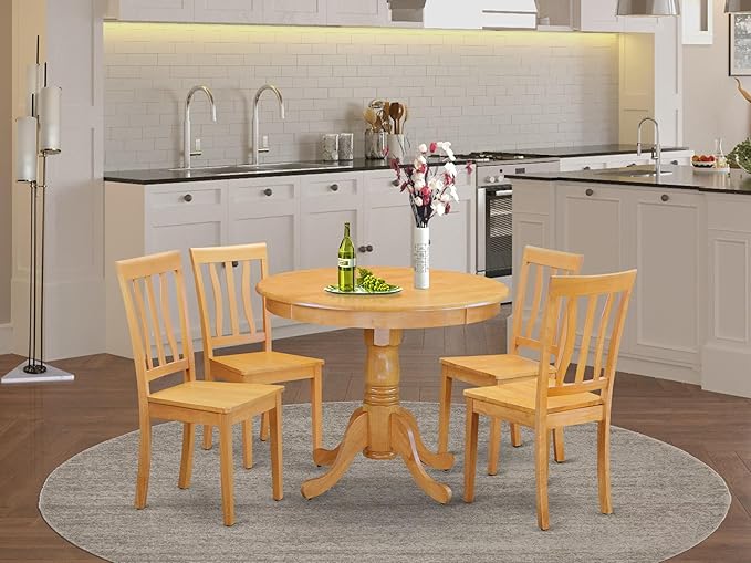 East West Furniture ANTI5-OAK-W 5 Piece Dining Room Table Set Includes a Round - Image 2