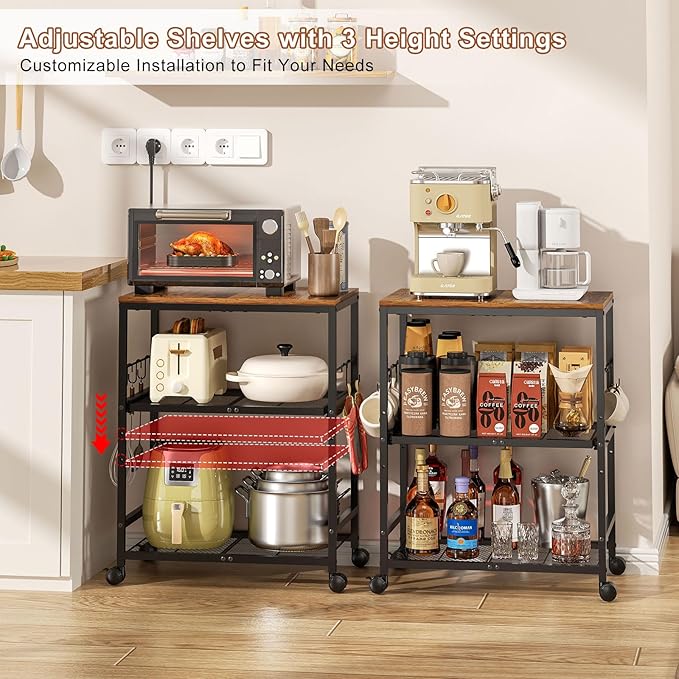 Microwave Cart with Adjustable Drawer Slider Shelves, 3 Tier Rolling Kitchen - Image 9