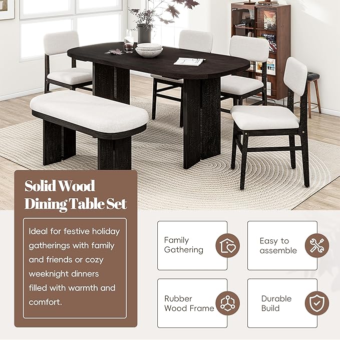 Merax Farmhouse Wooden Dining Set of 6, 65 Inch Rectangular Kitchen Table - Image 2