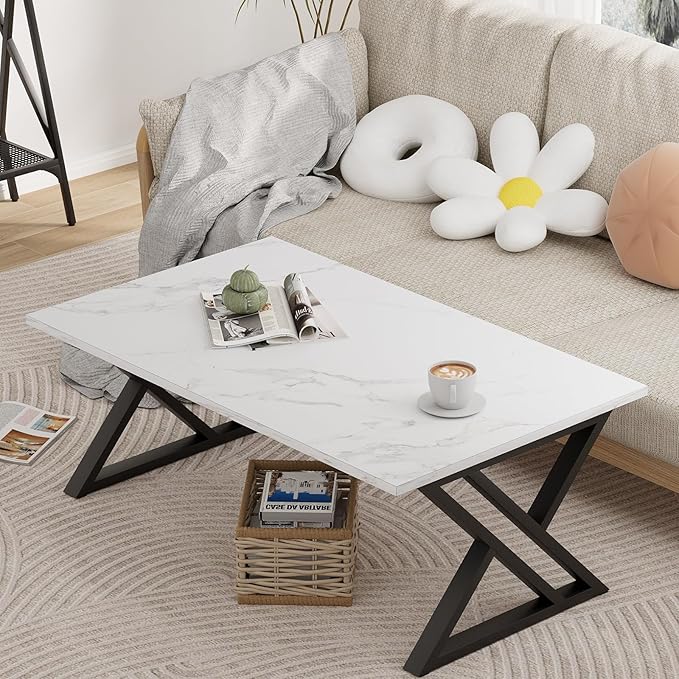 Coffee Table White Living Room Center Table, Simple Modern Faux Marble - Image 4