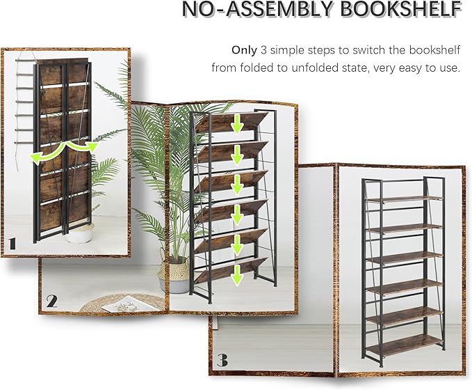 4NM No Assembly Folding Bookshelf, 6-Shelf 74" H Collapsible Foldable Bookcase - Image 6