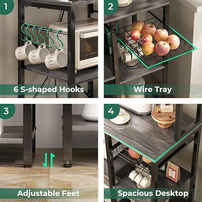 SUPERJARE Bakers Rack with Power Outlet, 35.4 Inches Coffee Bar with Wire Basket - Image 6