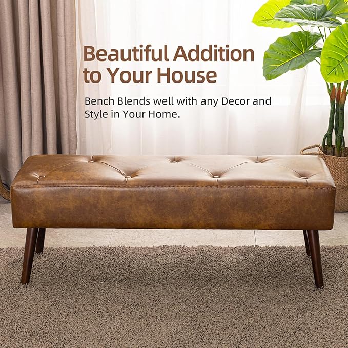 Furniliving 44 Inch Tufted Leather Bench, Leather Footrest Stool Bedroom Bench - Image 8