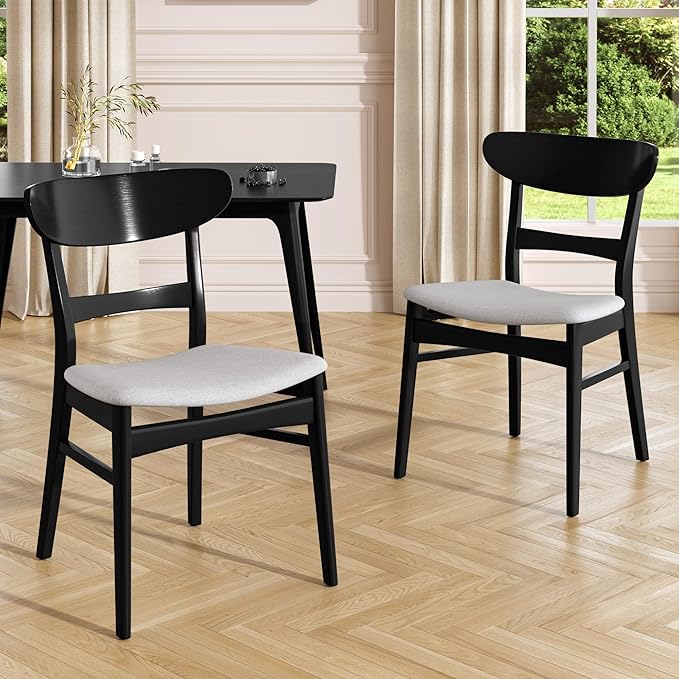 Set of 2 Solid Wood Dining Chairs, Fabric Upholstered Seat Mid-Century Modern - Image 2