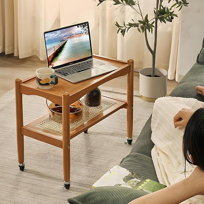 Rattan Side Table with Wheels, Small End Table with Storage, Narrow Wooden Bed - Image 9