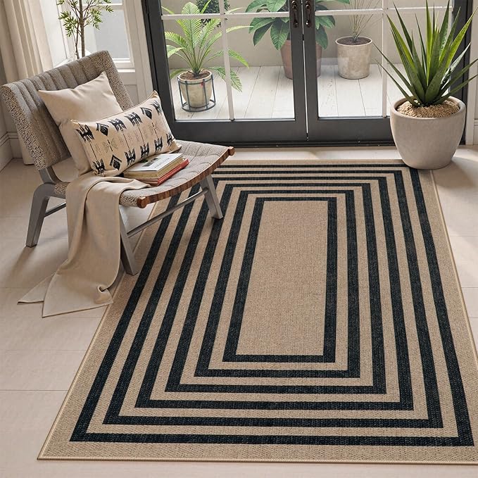 Lahome Modern Geometric Easy Jute Entryway Rug, 4x6 Black Washable Carpet by Lahome