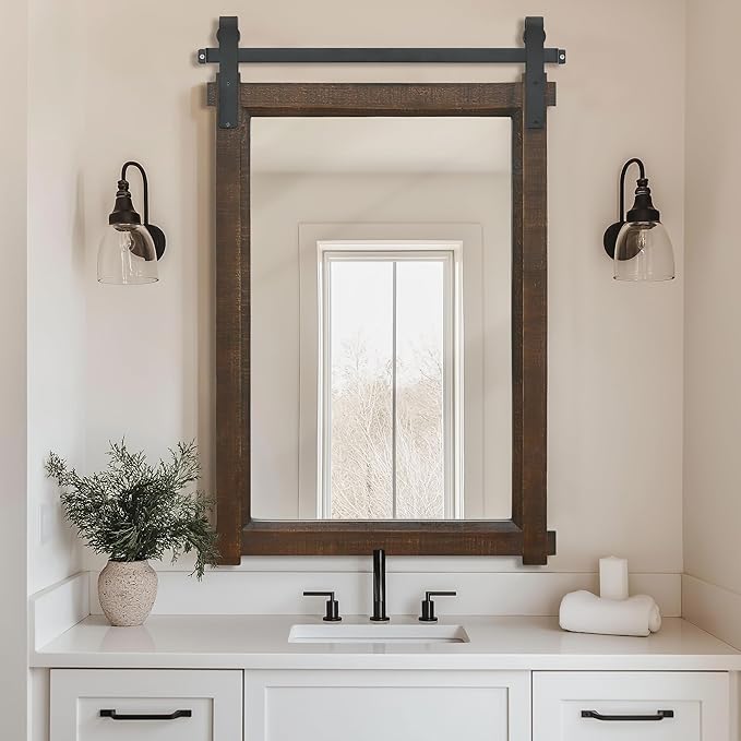 Rustic Barn Door Mirror: 24"x36" Brown Farmhouse Wood Frame - Image 3