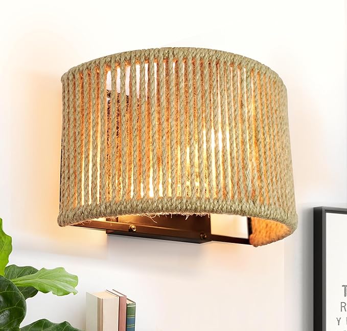 Rattan Wall Sconce Boho Wall Light Fixture Hand Woven Wall Mounted Lamp by Lzawvm