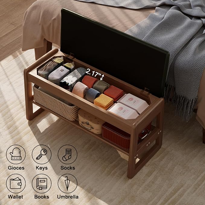Shoe Rack Bench with Leather Cushion, 2 Tiers Shoe Bench with Flip-Top Storage - Image 3