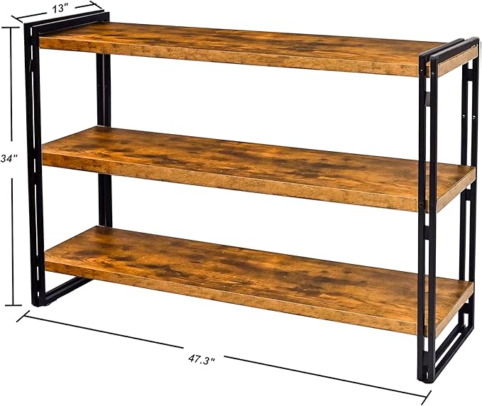 47" 3-Tier Bookshelf Rustic Wood and Metal Industrial Bookshelf - Image 3