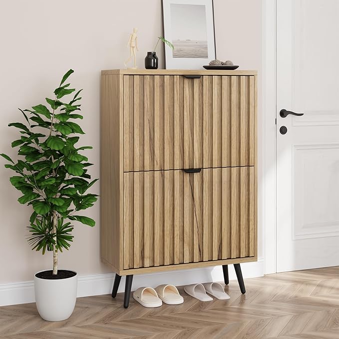 Smuxee Shoe Cabinet with 2 Flip Drawers, 23.6" Natural Hidden Shoe Storage by Smuxee