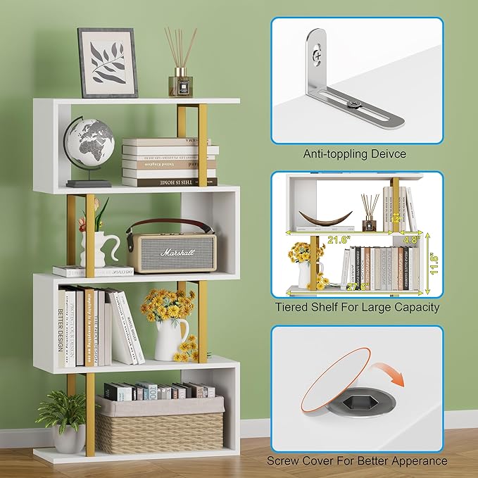 Yusong Geometric Bookcase, S Shaped Bookshelf 4-Tier Book Shelves - Image 5