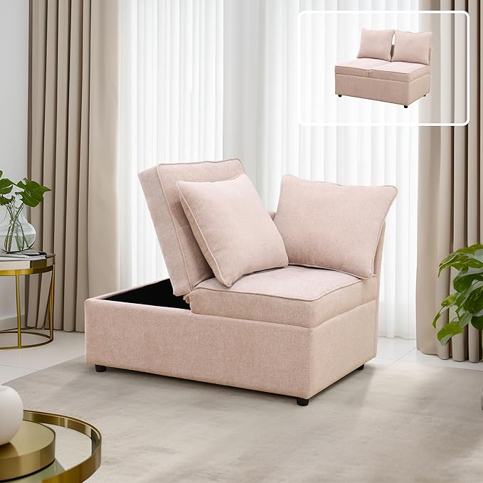 Convertible Ottoman Sofa with Storage, Modern Sackcloth Futon Couch with 2 by Unknown
