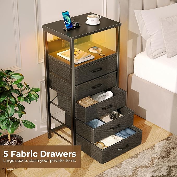 Seventable Night Stand with Charging Station, Tall Nightstand with 5 Fabric - Image 5