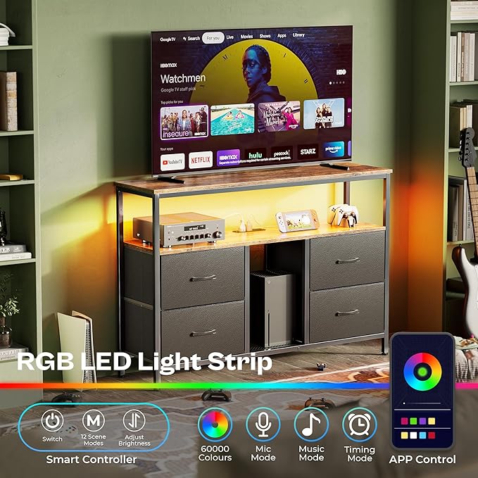 Huuger TV Stand Dresser with Power Outlets and LED Lights, 4 Drawers - Image 2