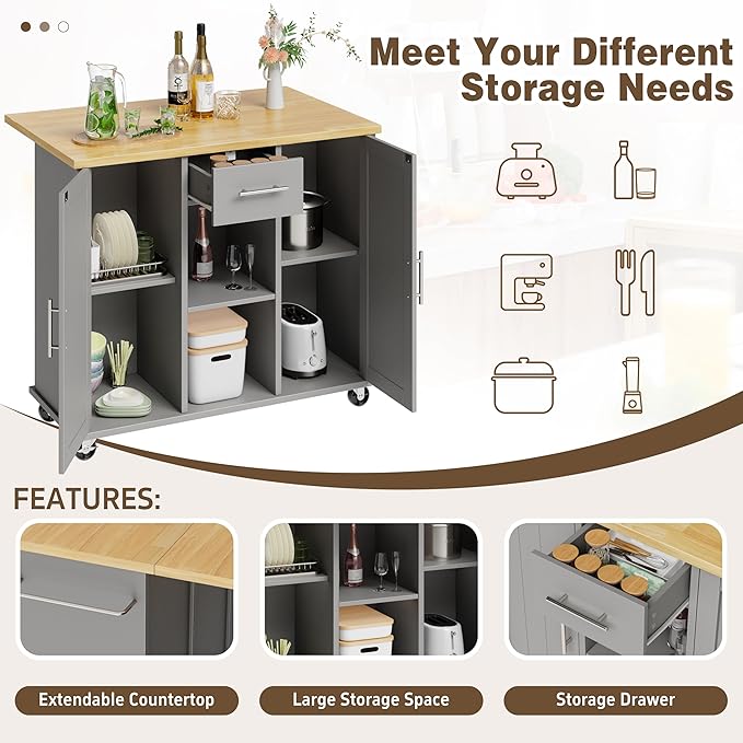 Shintenchi Kitchen Island with Storage, Bar Cart Cabinet Island Table on Wheels - Image 5