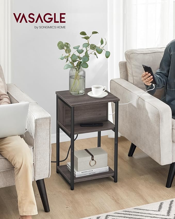 VASAGLE Side Table with Charging Station, 3-Tier End Table with USB Ports and - Image 2