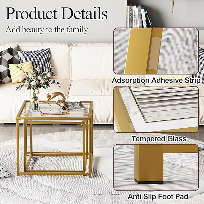 VILAWLENCE Coffee Table Set of 2, Modern Gold Glass Side Table, Metal Frame - Image 5