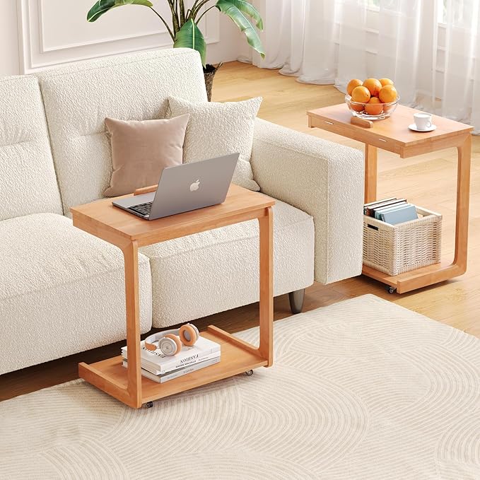 CozyDH Adjustable C Shaped End Table, Rolling Side Table Solid Wood TV Sofa - Image 8