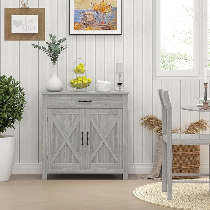 HOMCOM Farmhouse Sideboard Buffet Cabinet, Barn Door Coffee Bar Cabinet - Image 2
