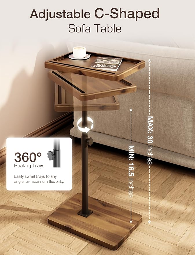HOLANA Acacia Wood Adjustable C-Shaped Couch Table – 360° Swivel Side Table - Image 2