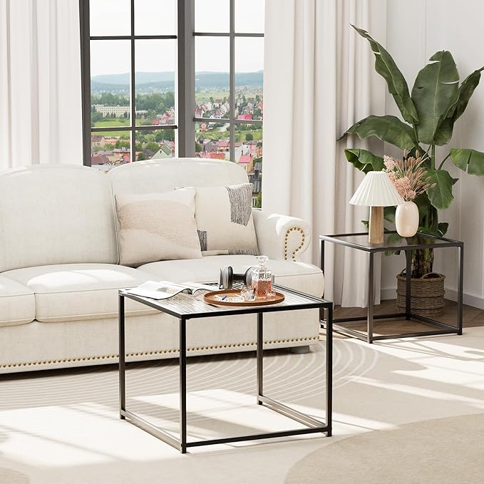 VILAWLENCE Coffee Table Set of 2, Modern Black Glass Side Table, Metal Frame - Image 6