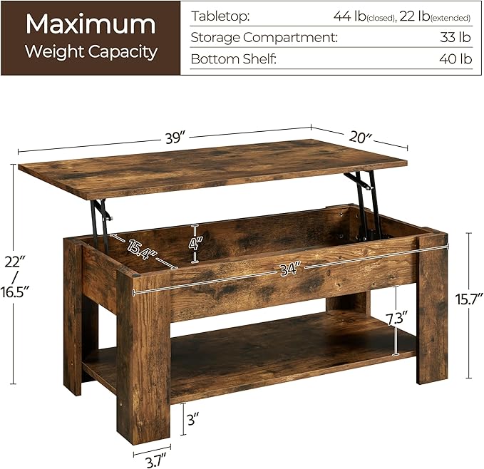 Yaheetech Vintage Coffee Table, Lift Top Coffee Table - Image 3