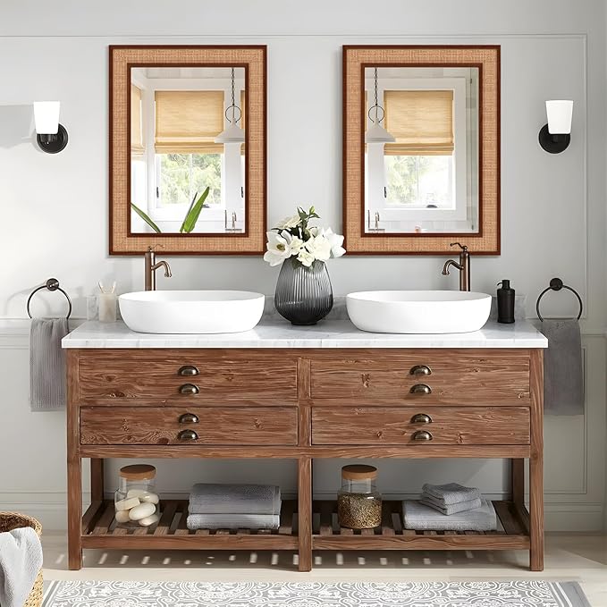 Rattan Wall Mirror with Wooden Framed 24 X 32 inch Farmhouse Rectangle Wood - Image 2