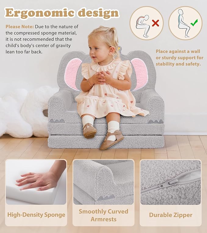 Kids Couch, 2-in-1 Soft Toddler Couch Fold Out - Image 6