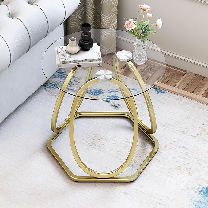 O&K FURNITURE Gold Modern Round Glass End Table by OKFURNITURE