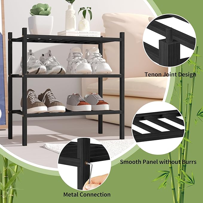3-Tier Bamboo Small Shoe Rack, Free Standing Wood Shoe Shelf Storage Organizer - Image 4