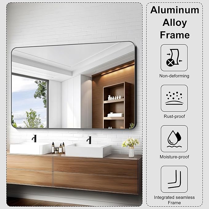 KOCUUY 55x36 Black Bathroom Mirror, Large Matte Black Vanity Mirror, Tempered - Image 5