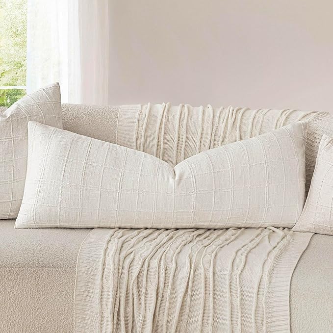 Foindtower Set of 2 Decorative Linen Check Throw Pillow Covers Neutral Long - Image 5