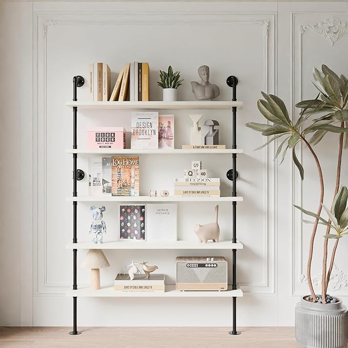 Pipe Industrial Ladder Shelves Bookcase, Wall Mounted Retro Wood Metal Pipe - Image 5