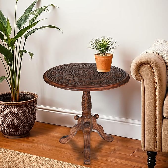 The Wooden Town Handcrafted Carved Round Side Table – 18x21 Inch Coffee Table - Image 7