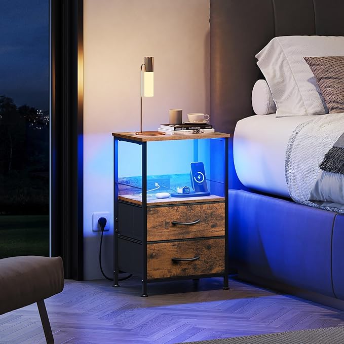 WLIVE Night Stand with Charging Station, LED Nightstand with 2 Fabric Drawers - Image 2