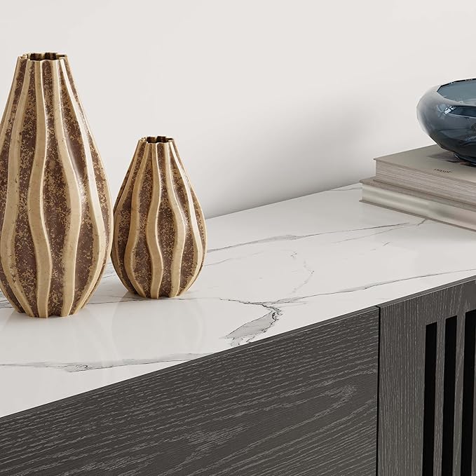 POVISON Mid Century Modern Sintered Stone TV Stand, Slatted Media Console TV - Image 3