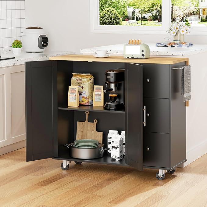 Shintenchi Kitchen Island with Folding Drop Leaf, Rolling Island Table with - Image 7