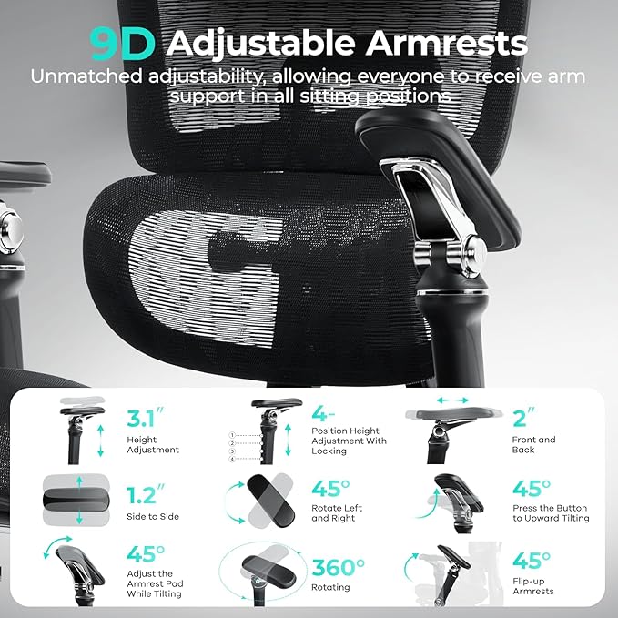Ergonomic Office Chair with 9D Arms, Adjustable Seat Depth, 3D Lumbar Support - Image 3