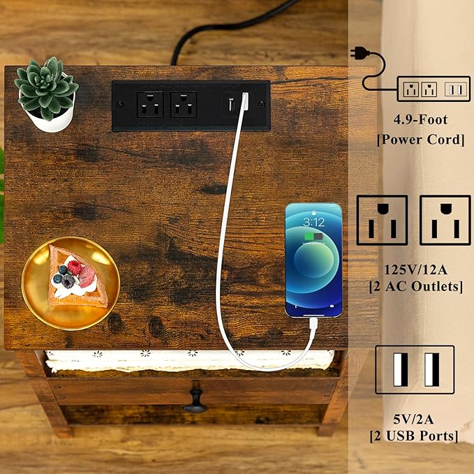 Lerliuo Nightstand with Charging Station and USB Ports, 3-Tier Storage End - Image 5