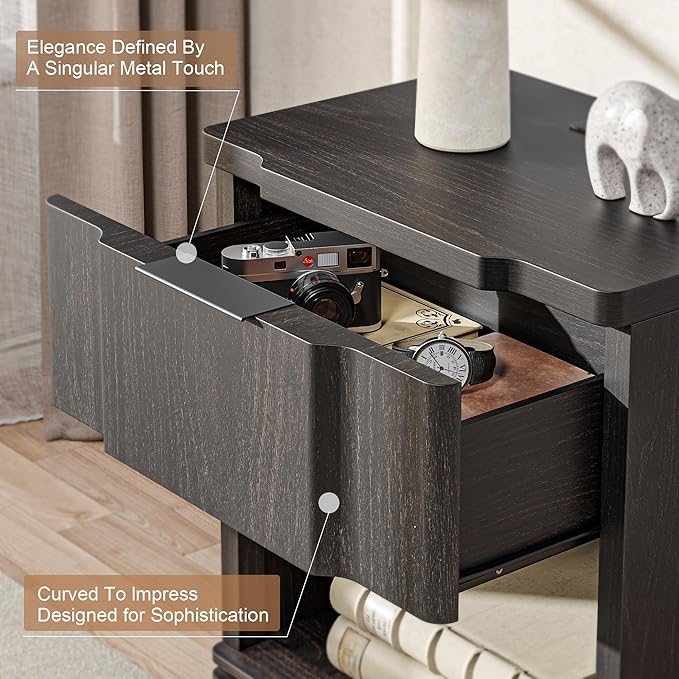 Nightstand with Charging Station, Wooden Curved Night Stand Bedside Tables with - Image 3