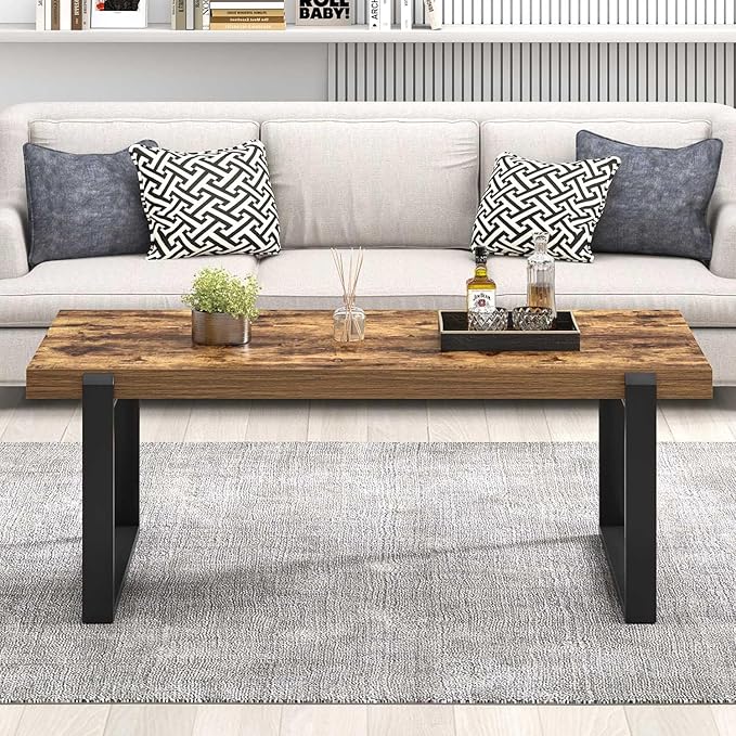 FOLUBAN Coffee Table, Modern Rustic Wood and Metal Center Table, Industrial - Image 6