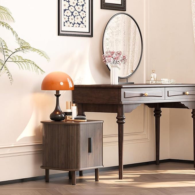 Fluted End Table with Sliding Tambour Door, Mid-Century Modern Bedside Table - Image 4