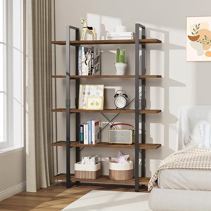 FRAPOW 5 Tier Bookshelf, 70 inch Tall Solid Bookcase Industrial Wooden - Image 7