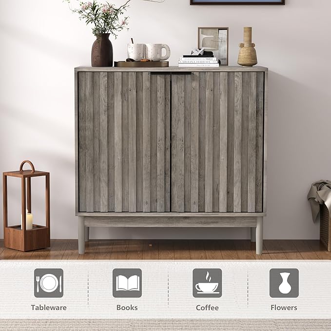 Fluted Cabinet with Storage, Small Buffet Cabinet Sideborad with Door, Kitchen - Image 3