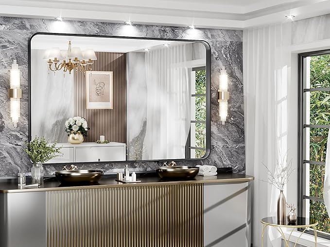Hasipu Black Bathroom Mirror 59x39 Inch Rounded Rectangle Vanity Mirror Metal - Image 2