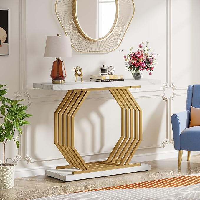 Tribesigns Gold Console Table, Faux Marble Entryway Table Narrow Sofa - Image 4