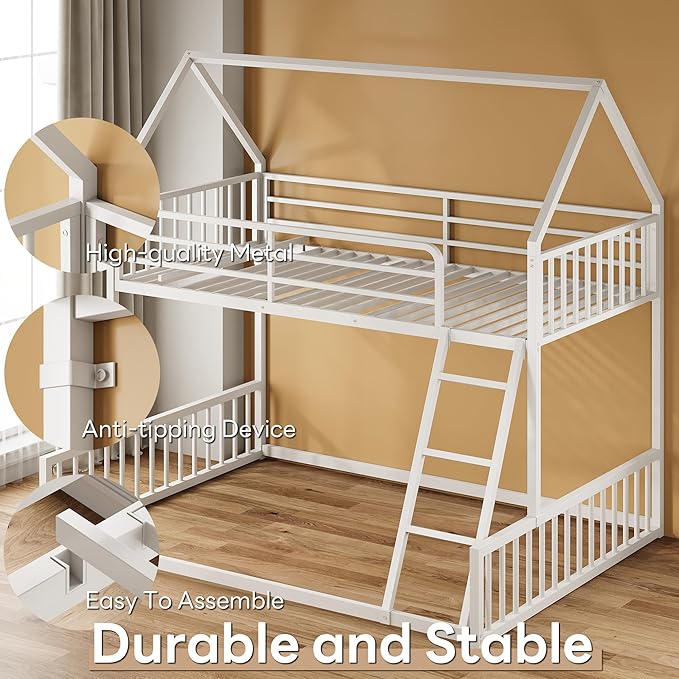 LIKIMIO Bunk Bed Twin Over Full Size, House Bunk Bed Frame - Image 3